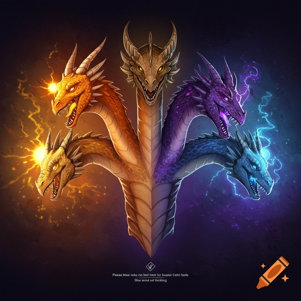 A vibrant illustration of a four-headed dragon, each head imbued with different elemental powers.