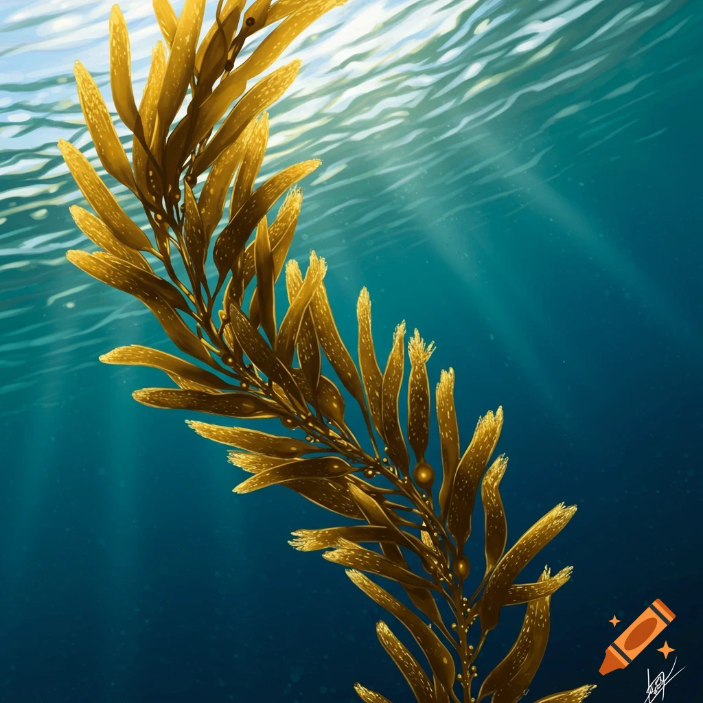Brown seaweed sways in sunlit blue water