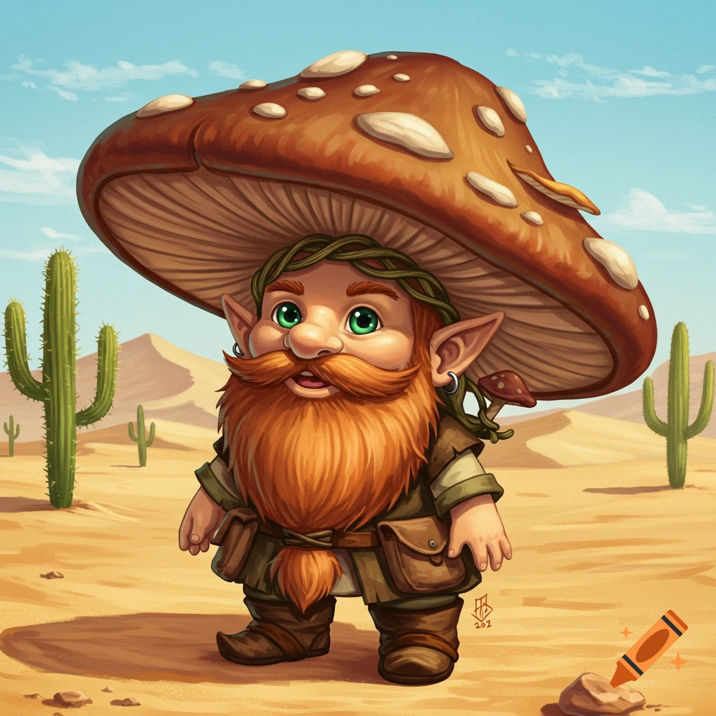 A fantasy gnome wearing a large mushroom hat in a desert landscape with cacti.