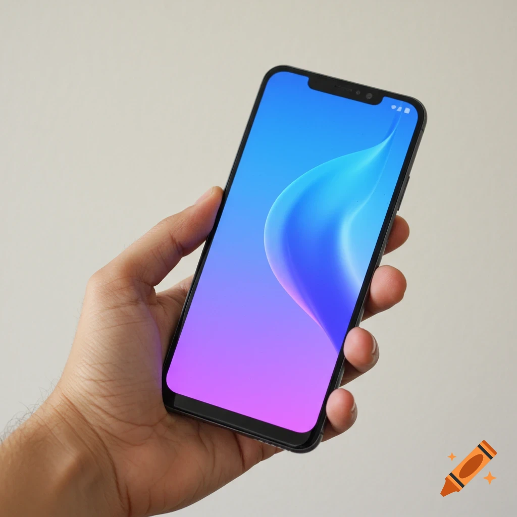 A hand holds a smartphone showing a colorful gradient wallpaper.