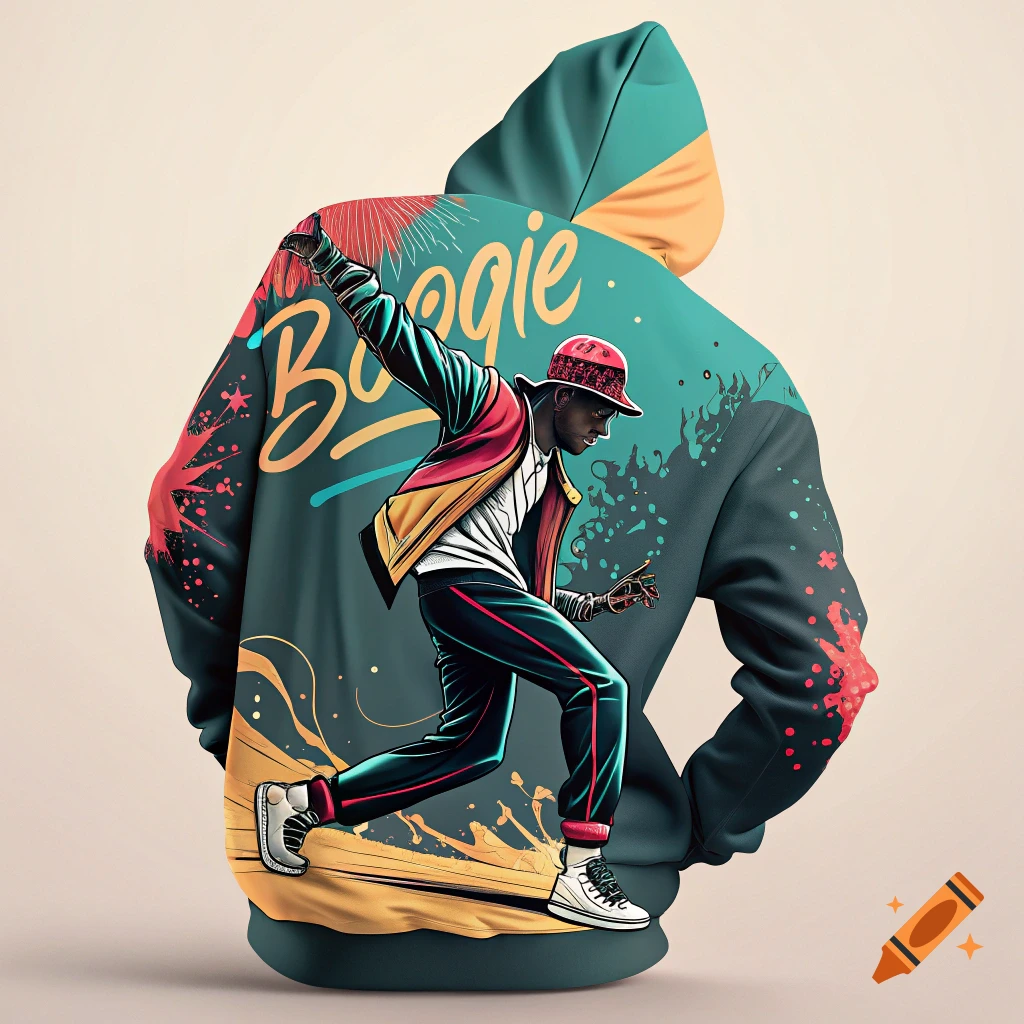 Illustration of a person dancing on a hoodie with 'Boogie' text.
