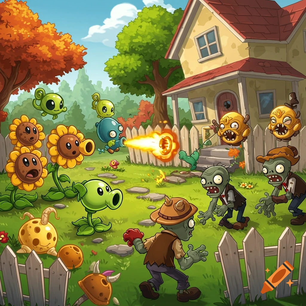 Plants vs Zombies characters fighting zombies in a garden.