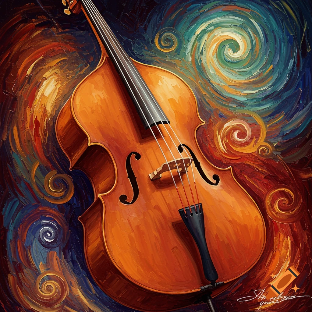 A double bass is placed against a colorful, swirling abstract background.