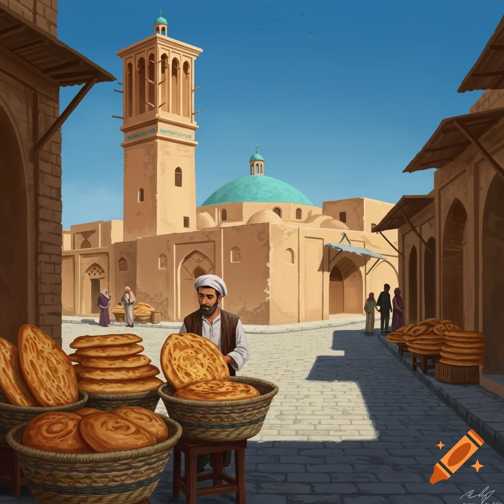 A baker selling flatbread in a market street with traditional Middle Eastern architecture.