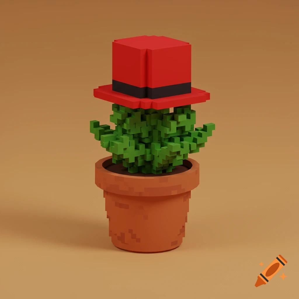 A voxel art potted plant wearing a red top hat.