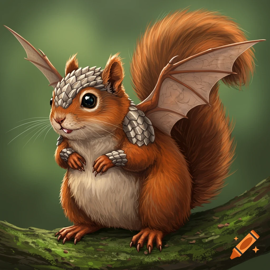 A cute squirrel with dragon wings, scales, and claws, sitting on a branch.