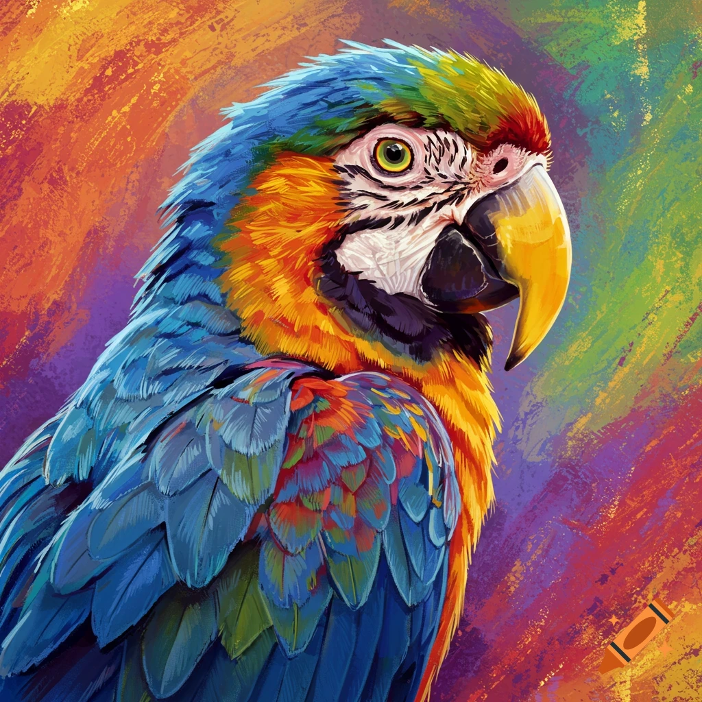A colorful macaw is set against a vibrant abstract background