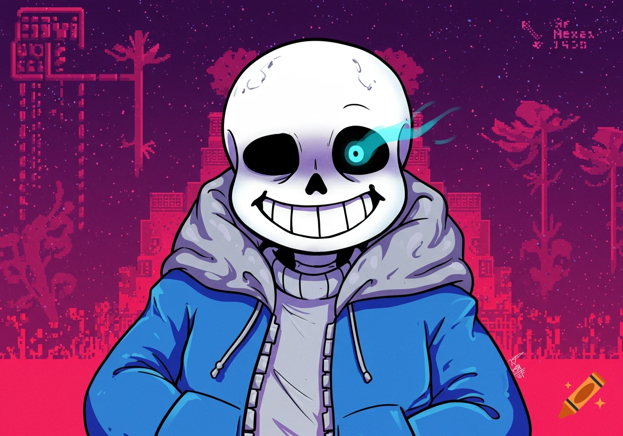 Sans from Undertale is smiling with a blue eye glow, against a pixelated purple and pink background.