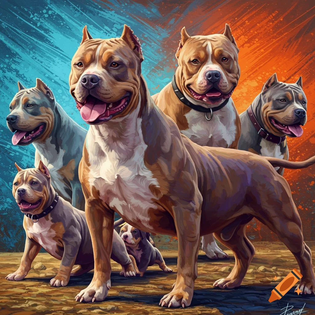Several American Bully Pit bulls with a split blue and orange background.