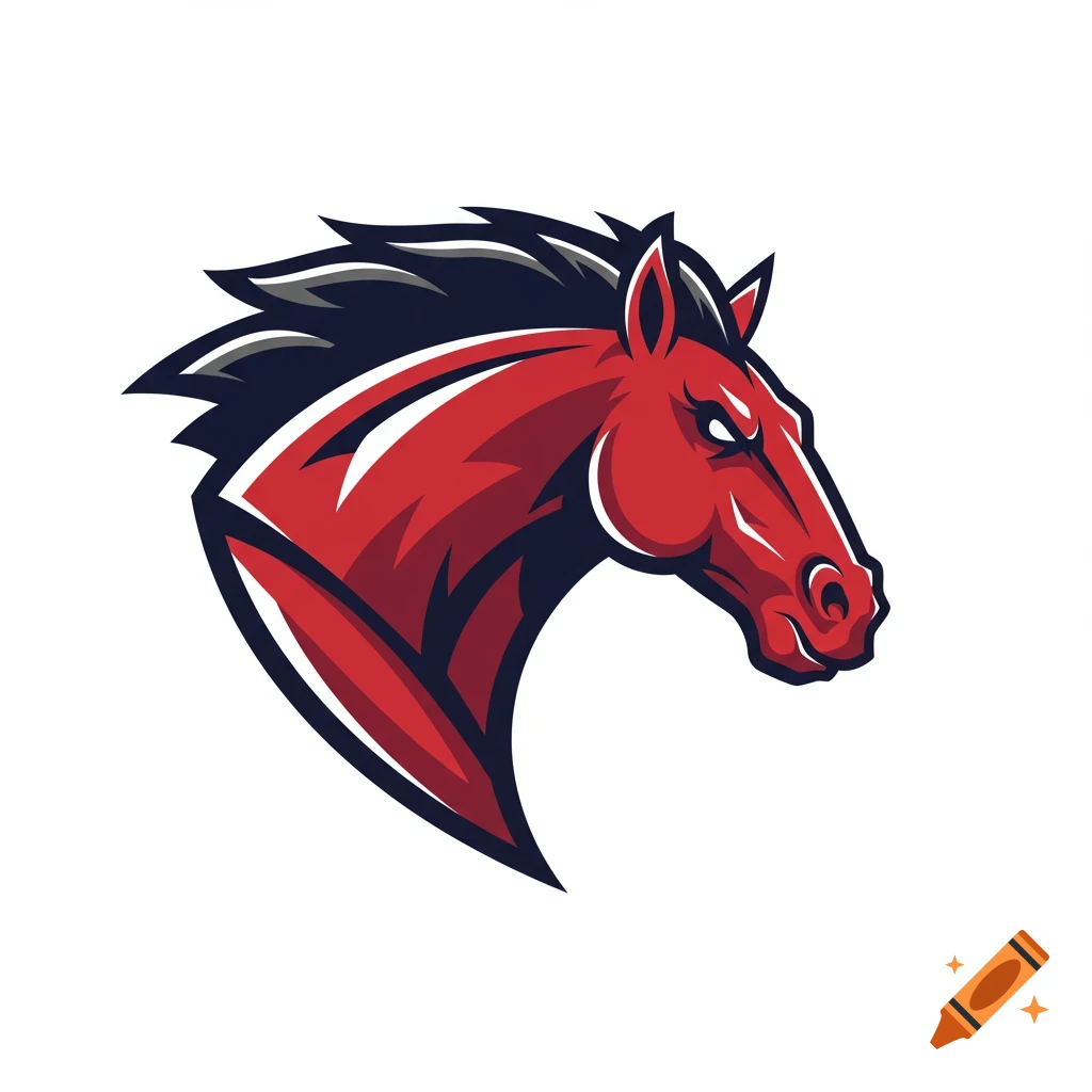 Red and black stylized horse head logo