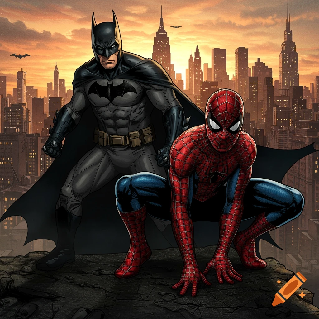 Batman and Spider-Man stand on a rooftop overlooking a city skyline at sunset.