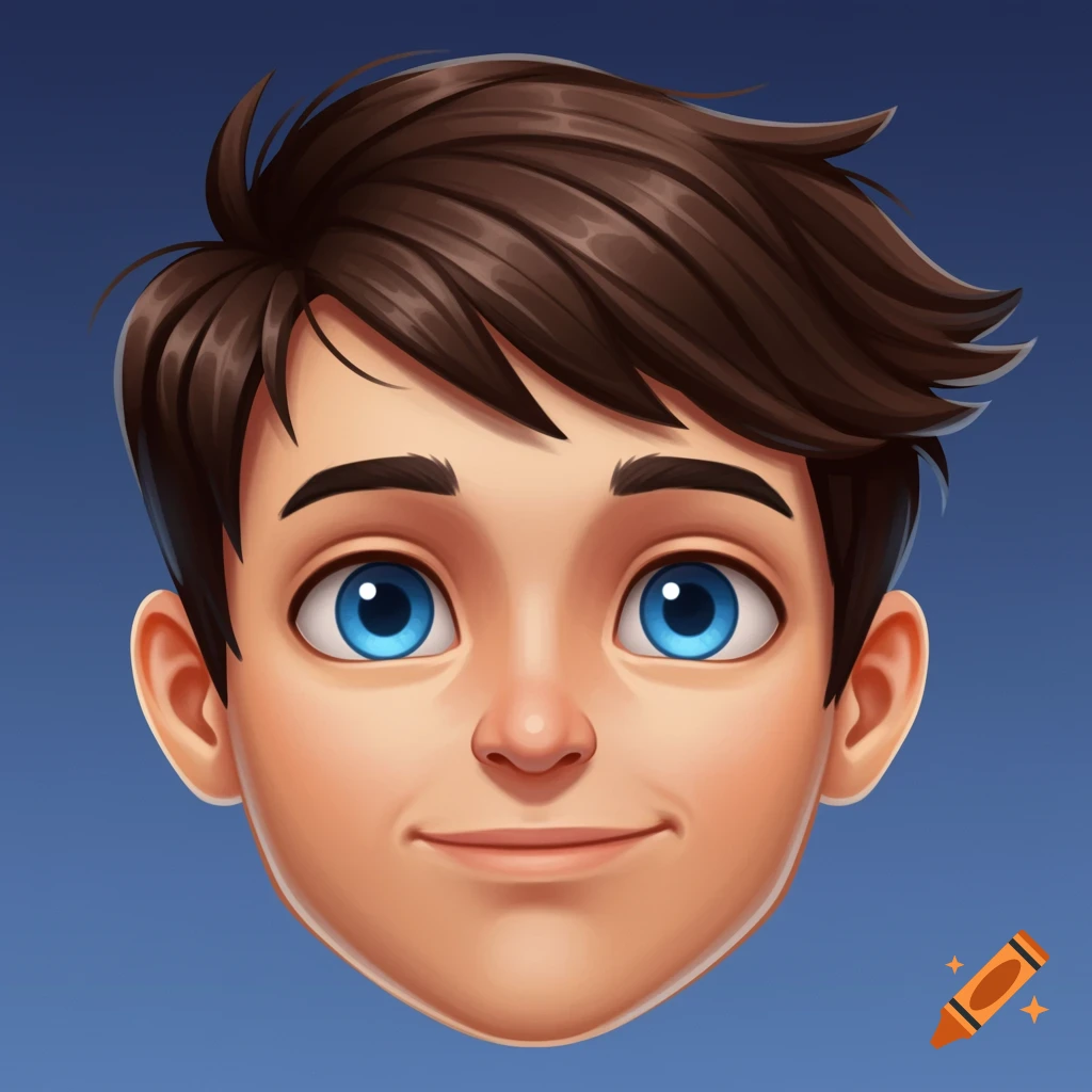 Illustration of a young boy's face with blue eyes and brown hair, styled as a character avatar.