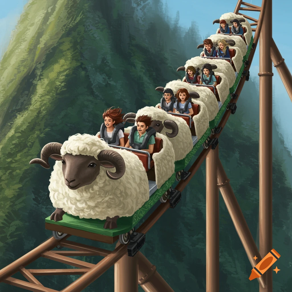 People riding a roller coaster with cars shaped like sheep on a hillside.