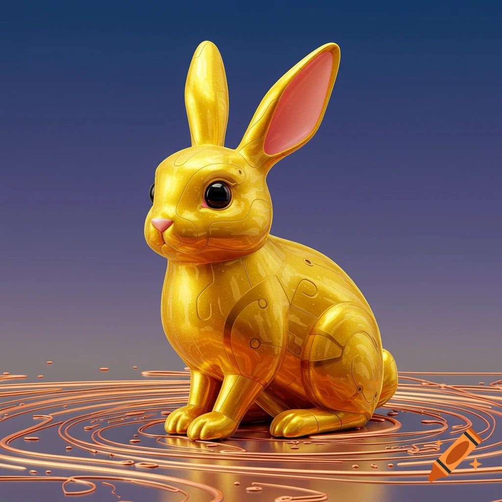 A shiny golden sculpture of a bunny sits on a dark reflective surface with swirling copper-colored patterns.