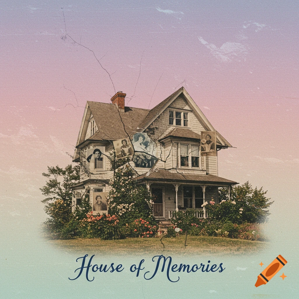 Vintage style illustration of a house with old photos embedded in it, text reads 'House of Memories'