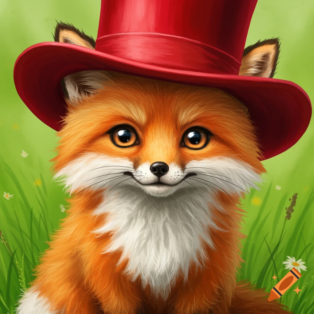 A cute, fluffy fox wearing a red top hat sits in a vibrant green meadow.