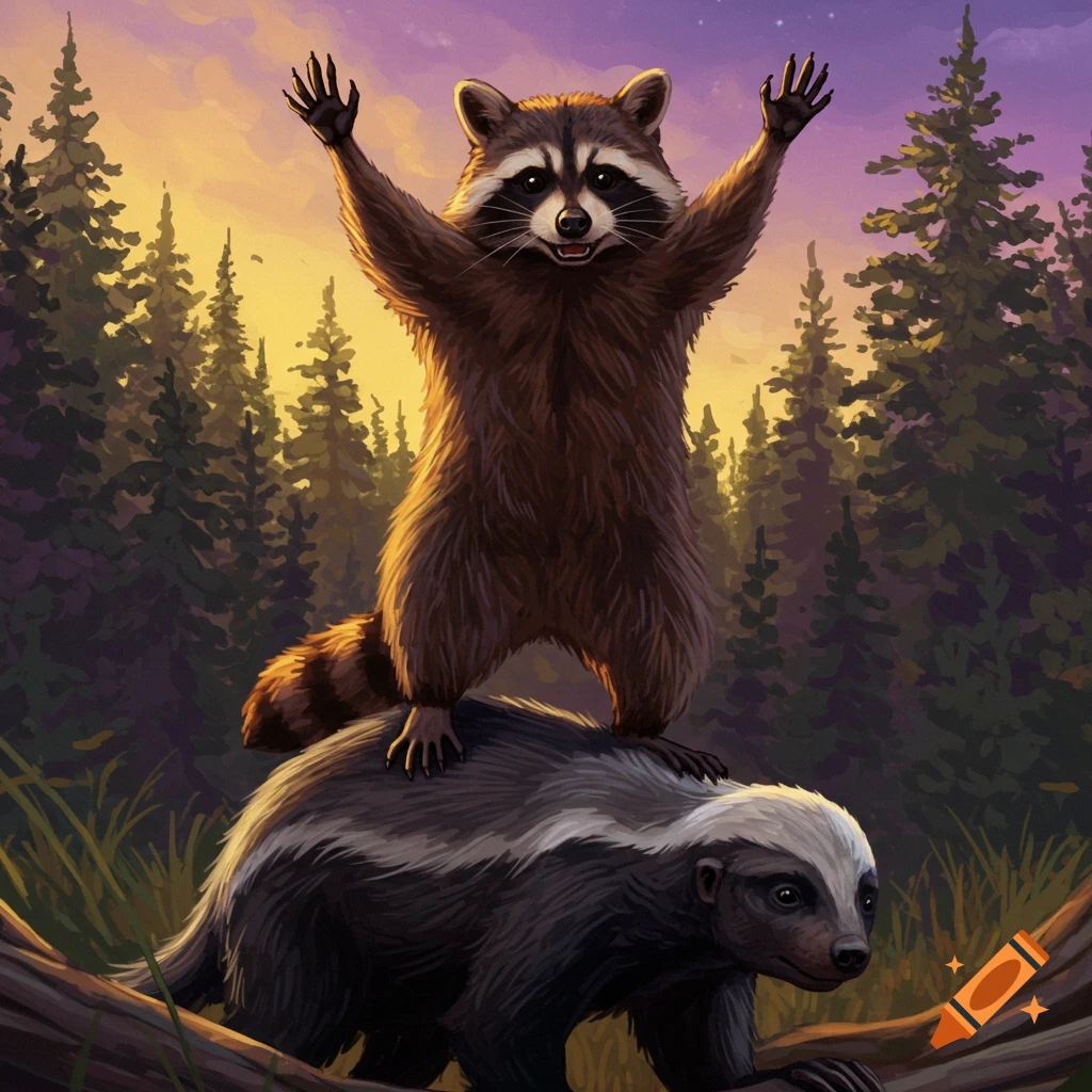 A raccoon standing on a skunk in a forest at sunset.