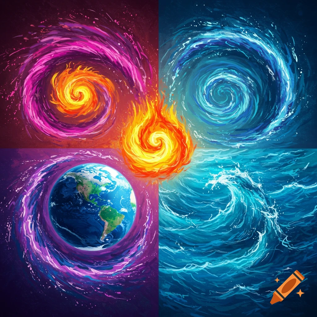 A central flame connects four swirling panels: purple/pink fire/energy, blue water/energy, Earth in space, and blue ocean waves.