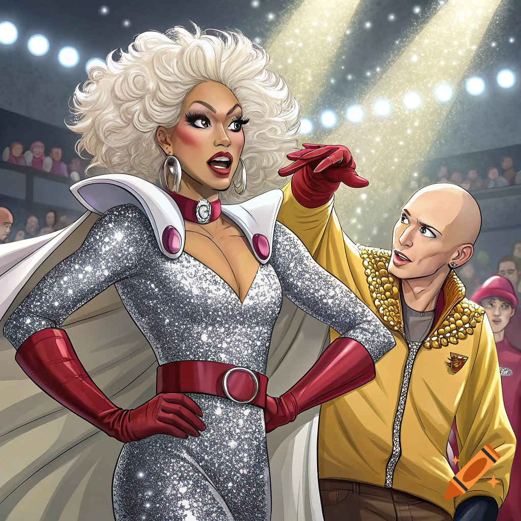 Illustration of a drag queen in a glitter suit and cape interacting with a bald person on a stage