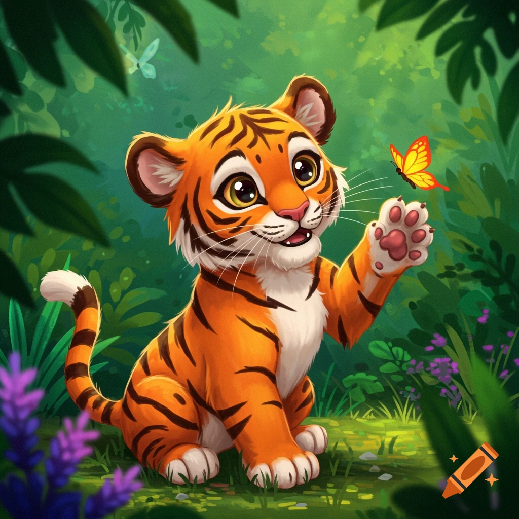 Cartoon baby tiger cub playing with a butterfly in a forest.