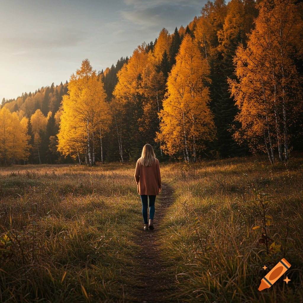 Person walking on a path through a field towards a forest with yellow autumn leaves, photorealistic style.