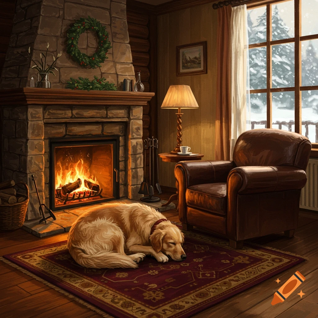 A dog sleeping on a rug by a fireplace in a cozy room with a snowy window.