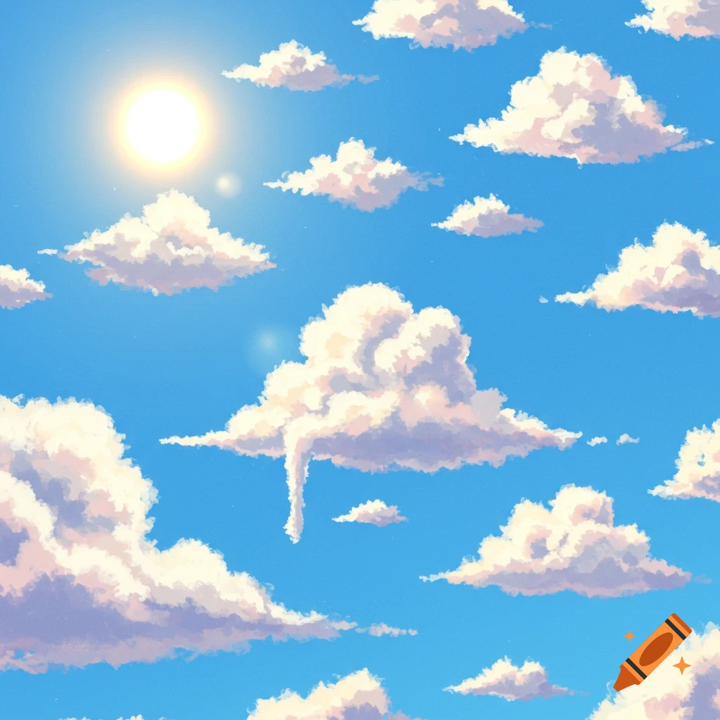 A bright sunny sky with fluffy white clouds, one cloud appears droopy and sad.