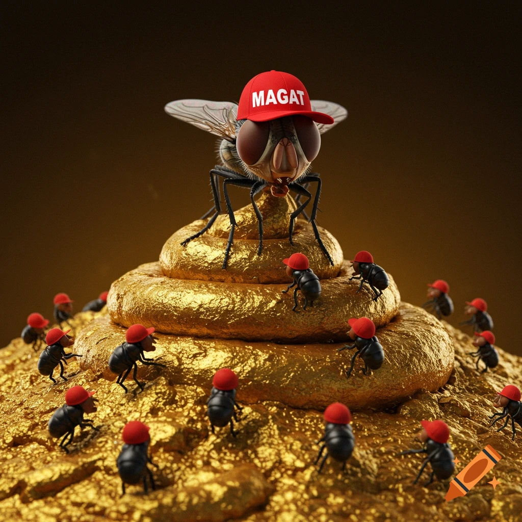 A large fly with a red hat that says MAGAT stands on a golden pile, surrounded by smaller flies with red hats.