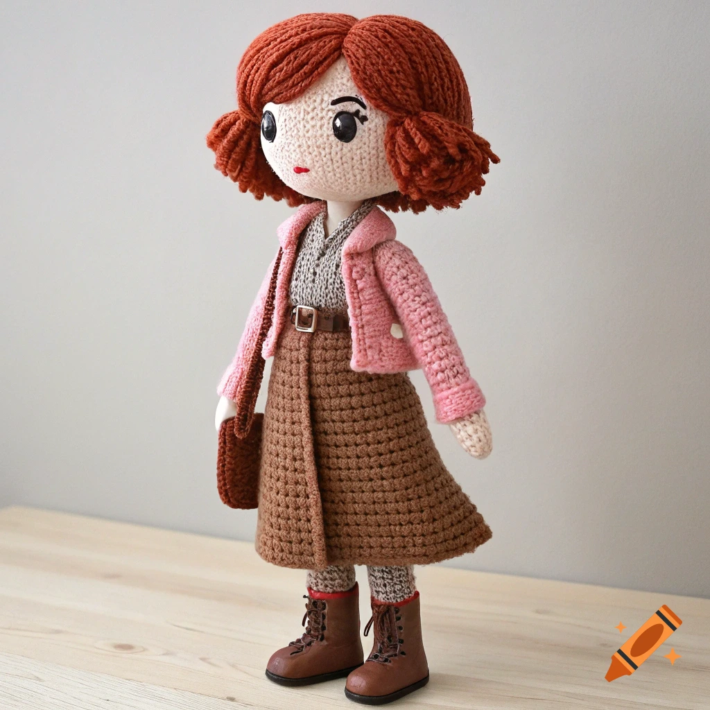 A crochet doll wearing a pink jacket, brown skirt, belt, and boots with red laces.