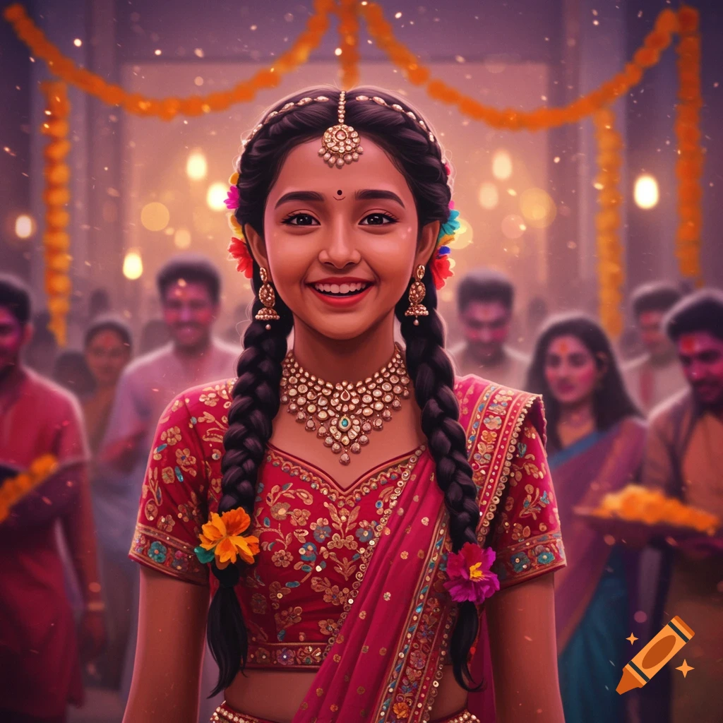 A smiling Indian girl in traditional dress at a vibrant festival.