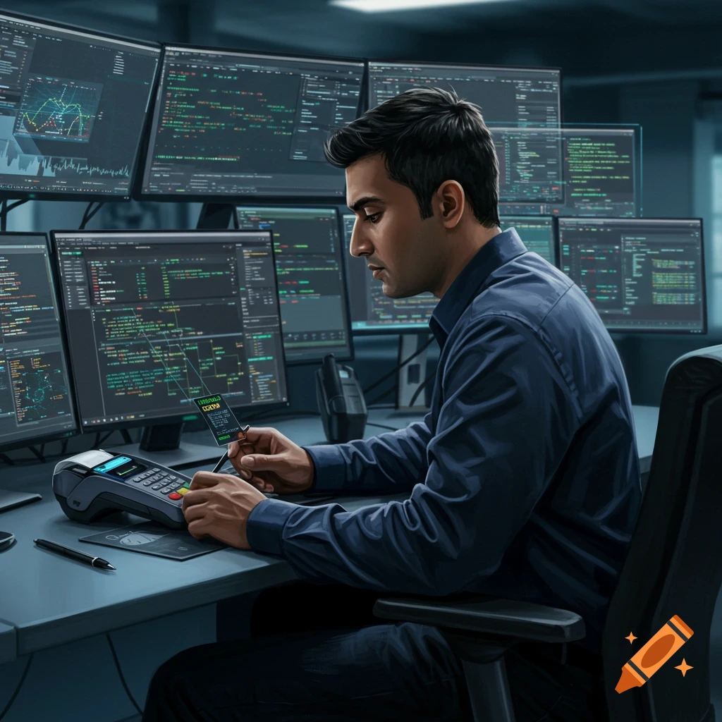 Man working at a desk with multiple monitors showing code and a POS device
