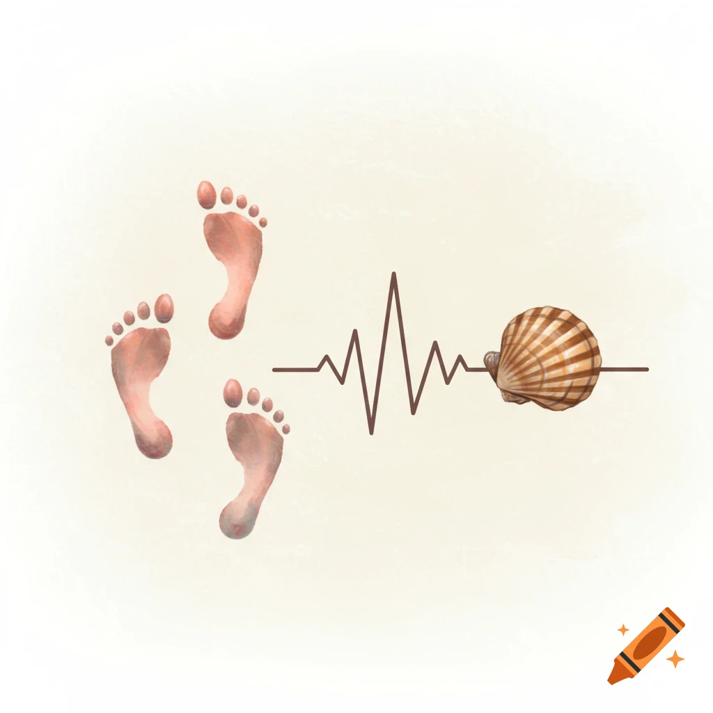Illustration of three footprints connected by a heartbeat line to a scallop shell.