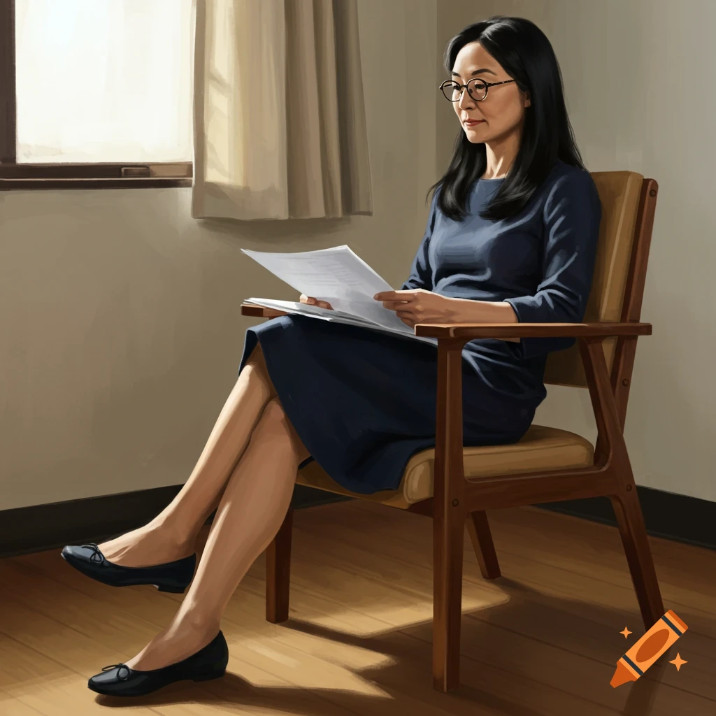 Asian woman with glasses sitting in a chair, reading documents.