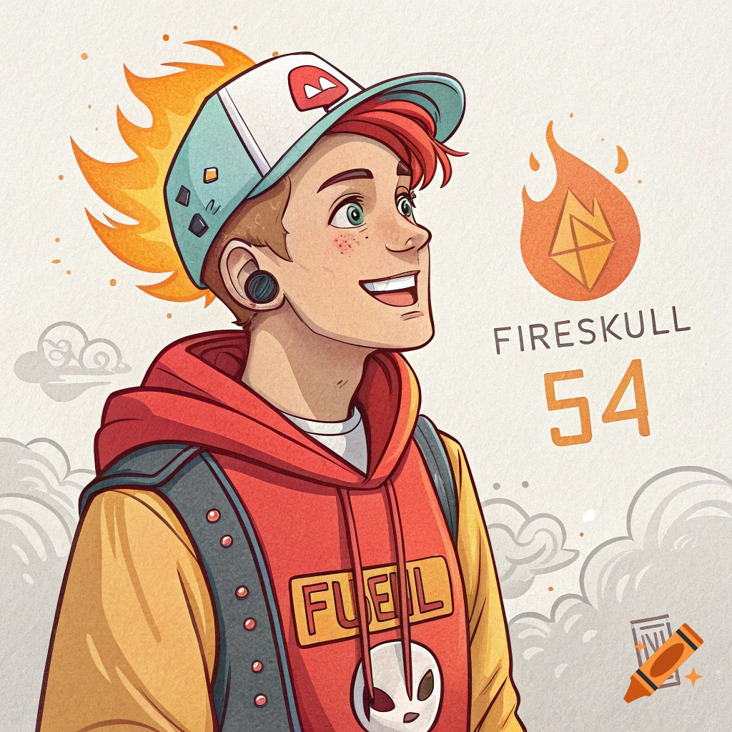 Cartoon portrait of a young person wearing a cap, red hoodie, and backpack, with flames behind their head. Text says "FIRESKULL 54" and "FUEIL".