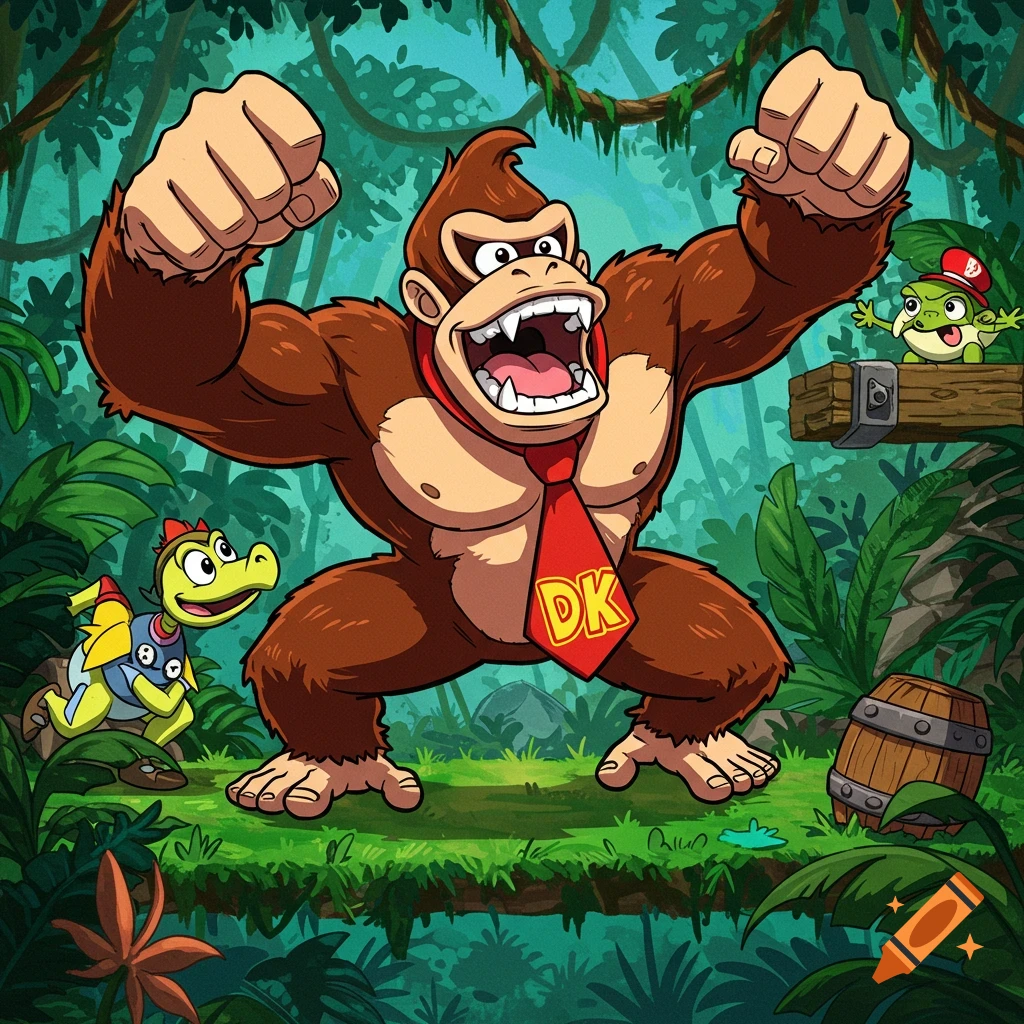 Donkey Kong flexing in a jungle with friends, in a cartoon style.