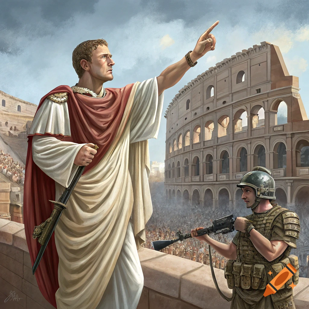 Illustration of Julius Caesar and a modern soldier overlooking the Colosseum filled with people.