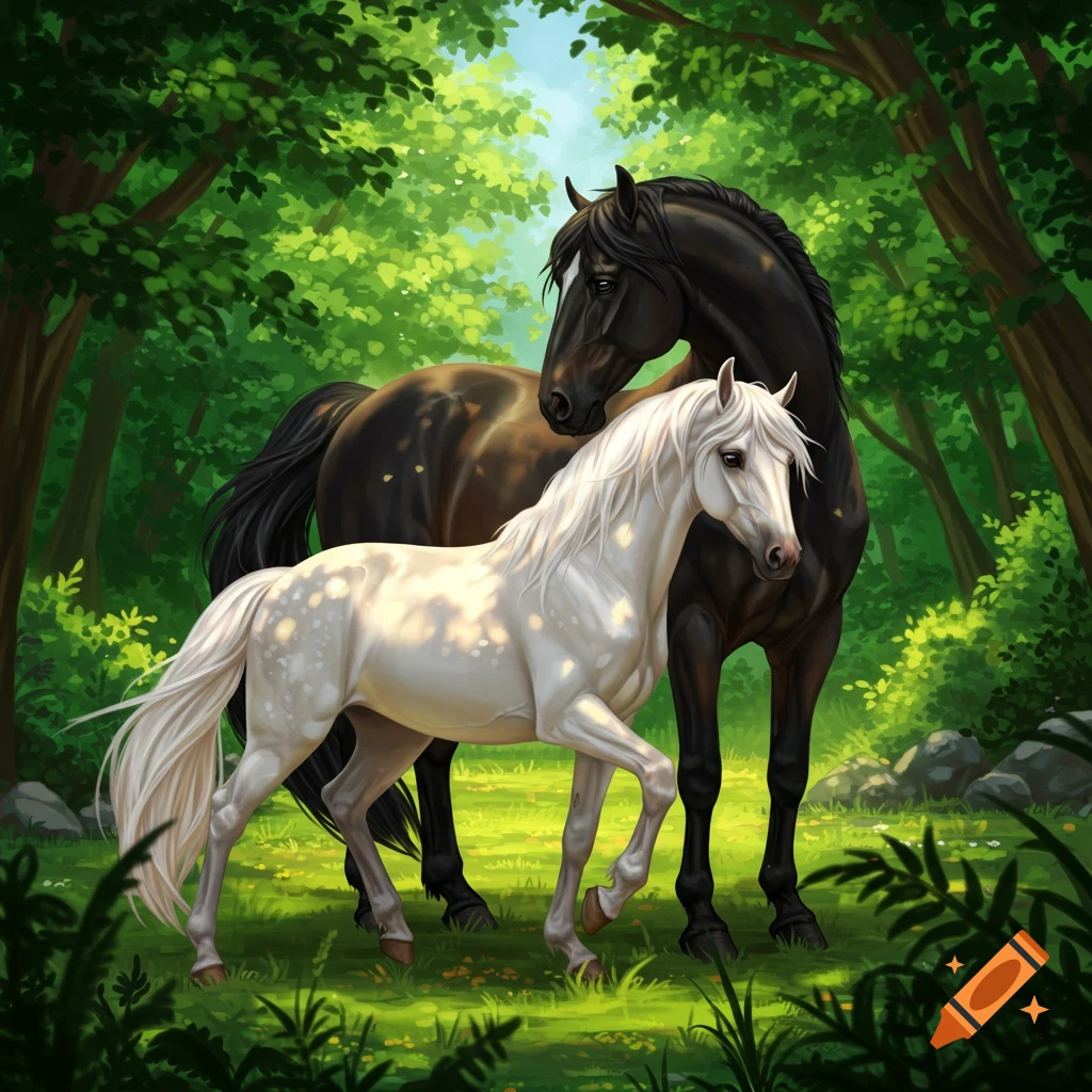 A black horse and a white horse standing together in a lush forest.