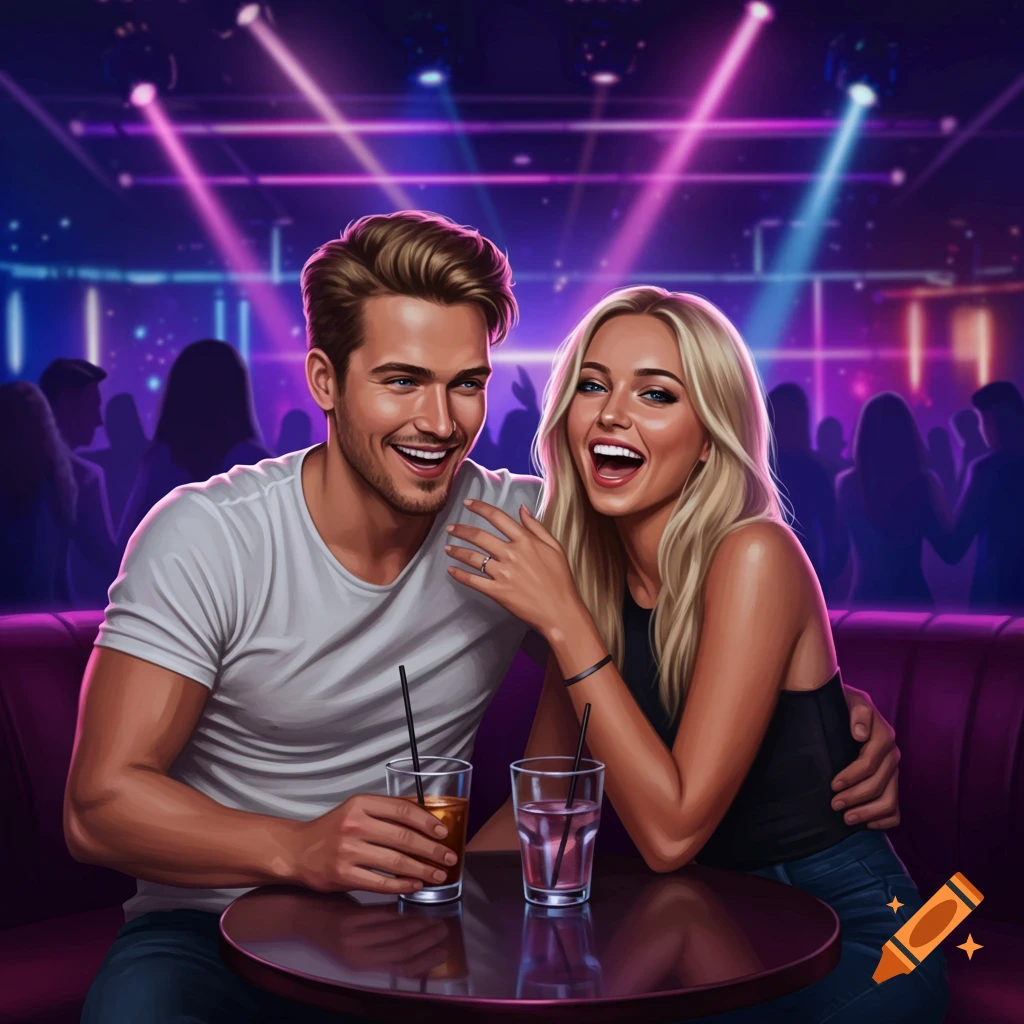 A couple laughs together at a table in a lively nightclub.