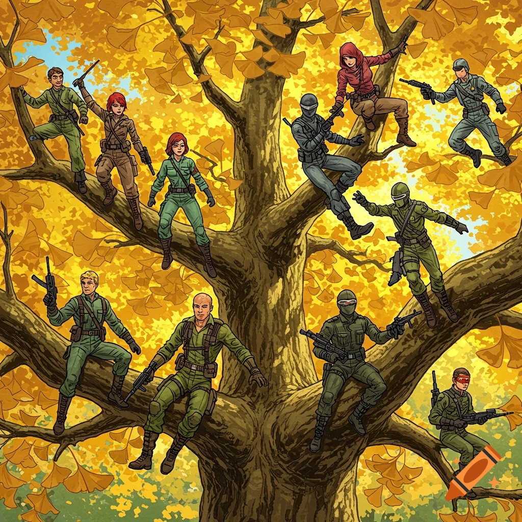 Stylized military figures resembling G.I. Joe are sitting in a ginkgo tree with yellow leaves.