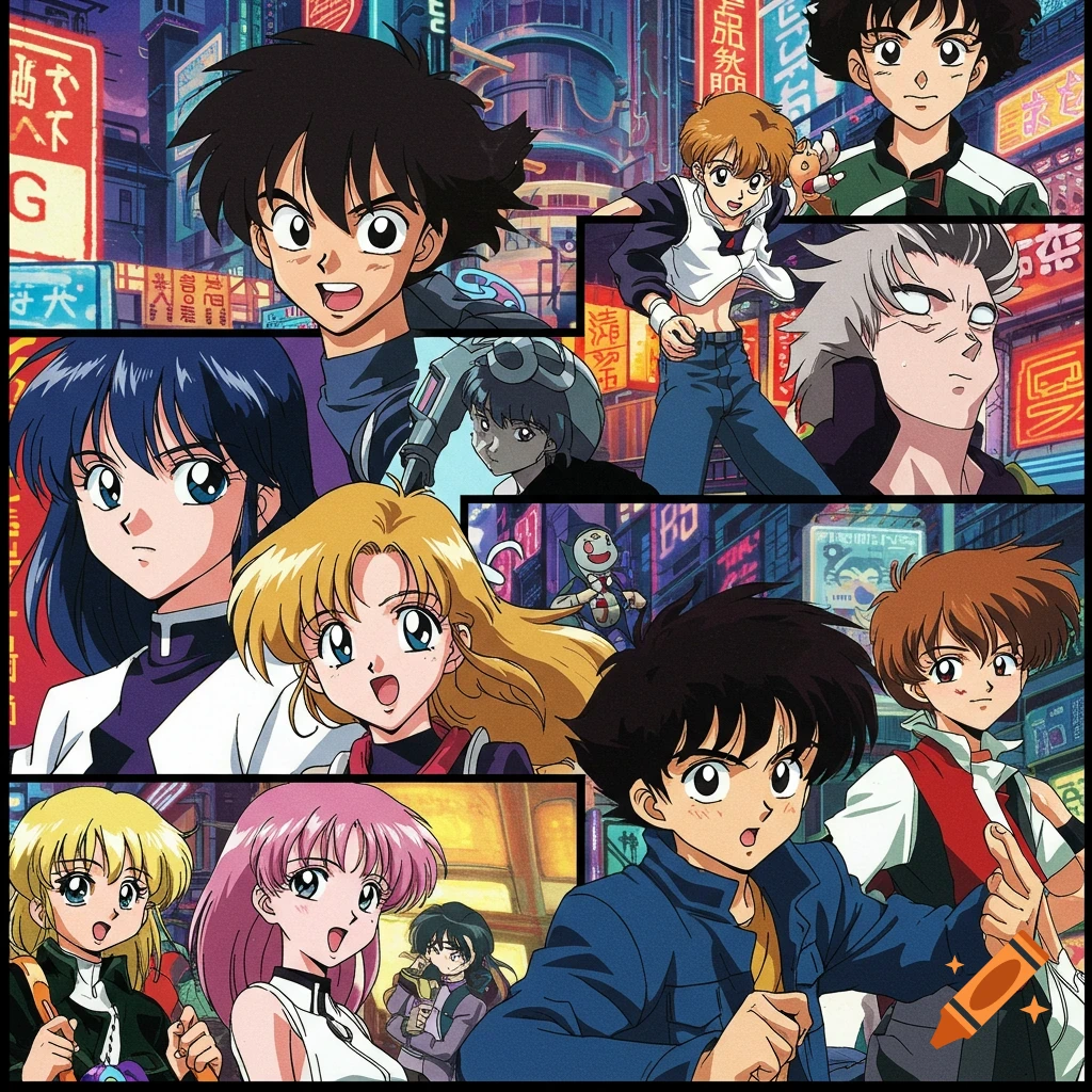 Multiple anime characters pose against a cityscape backdrop in 2000s anime art style.