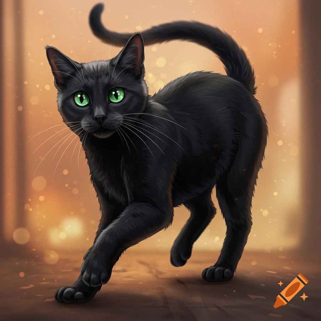 A black cat with green eyes walks forward with a warm blurry background.