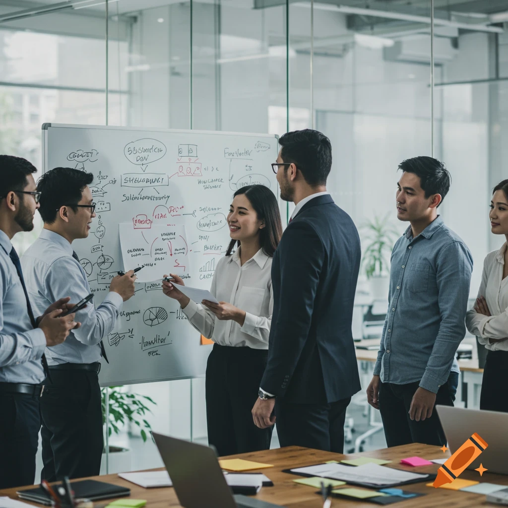 A group of business people discusses ideas around a whiteboard in a modern office.