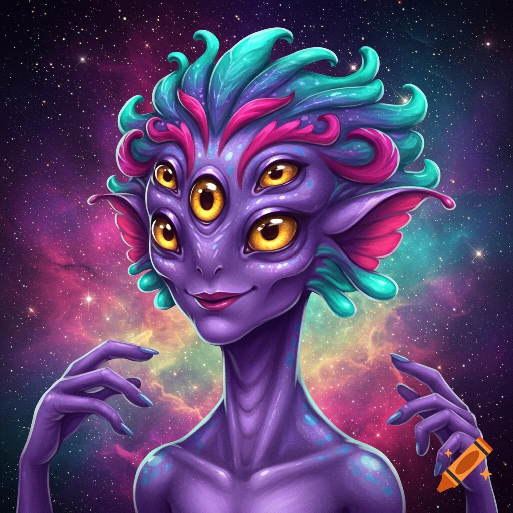 A purple alien with multiple eyes is shown against a starry space background.