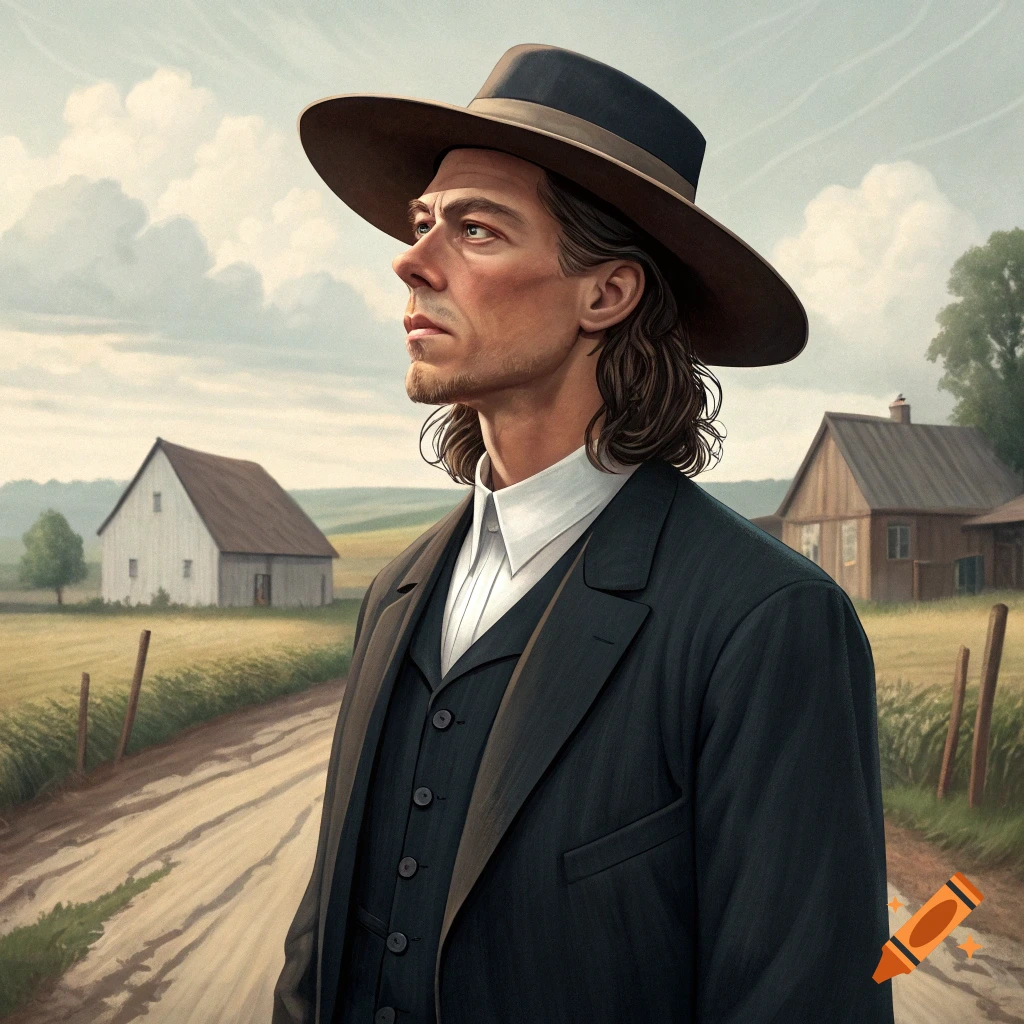 Portrait of a man in a hat and suit in a rural landscape with barns.