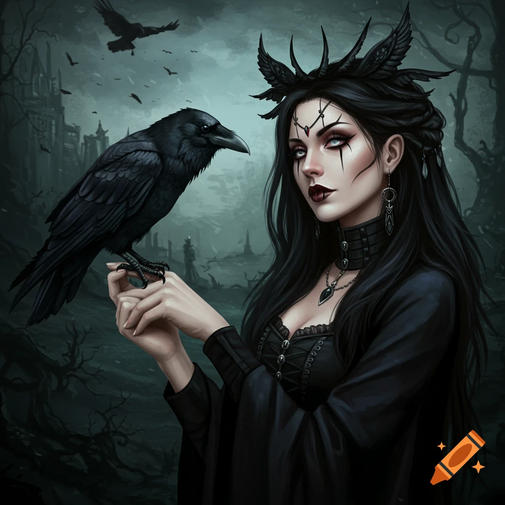 A gothic woman with dark makeup holds a crow in a spooky landscape with ravens.