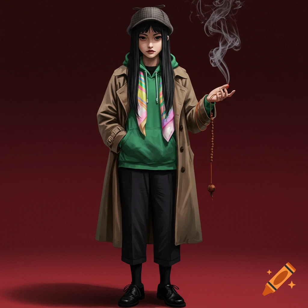Painting of a girl in a trench coat, hoodie, and hat, holding prayer beads with smoke.
