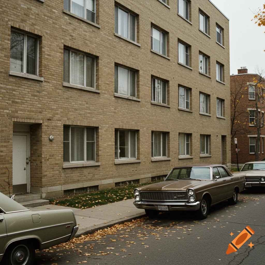 A vintage street scene with classic cars parked in front of a brick apartment building on an autumn day.