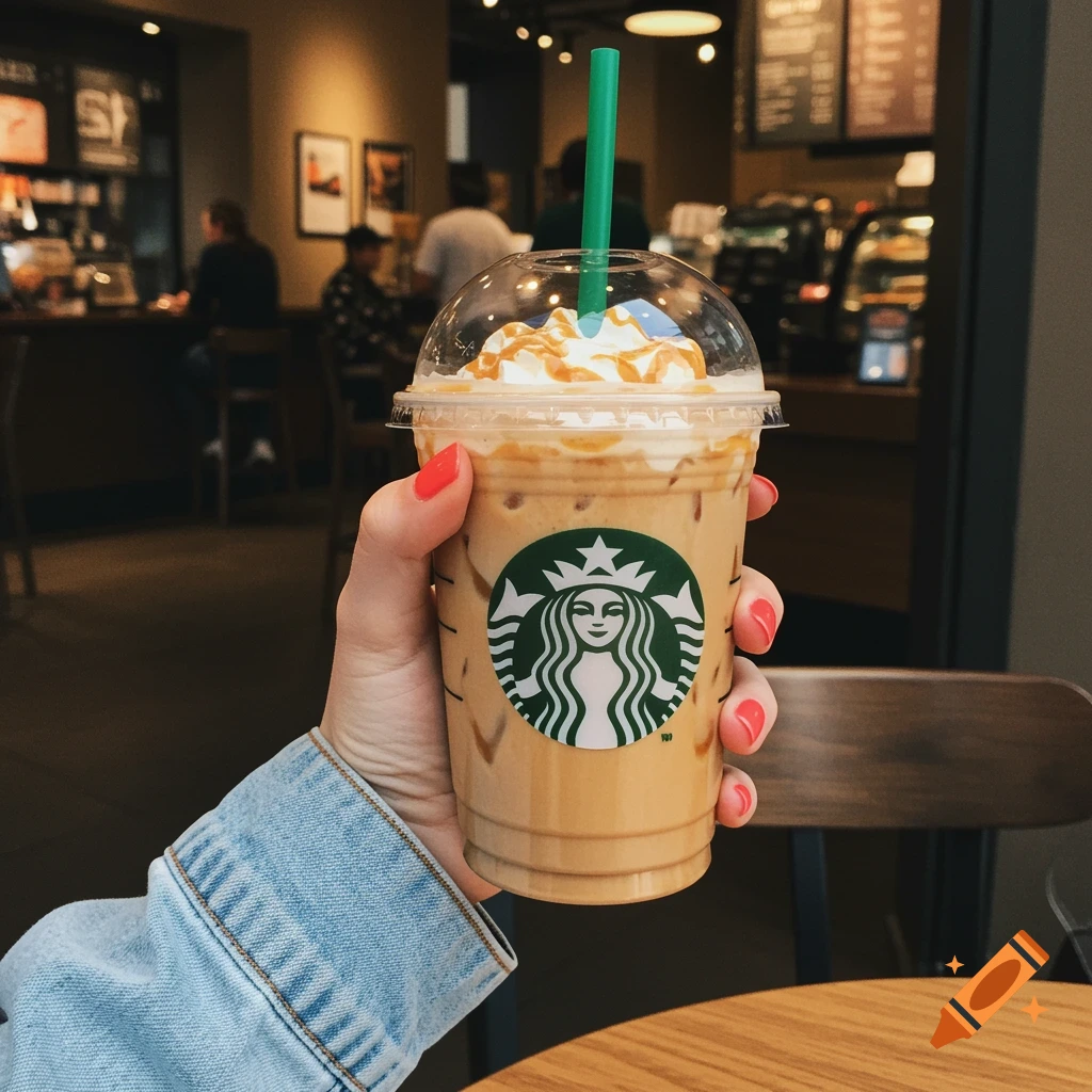 Hand holding an iced coffee with whipped cream and caramel in a coffee shop.
