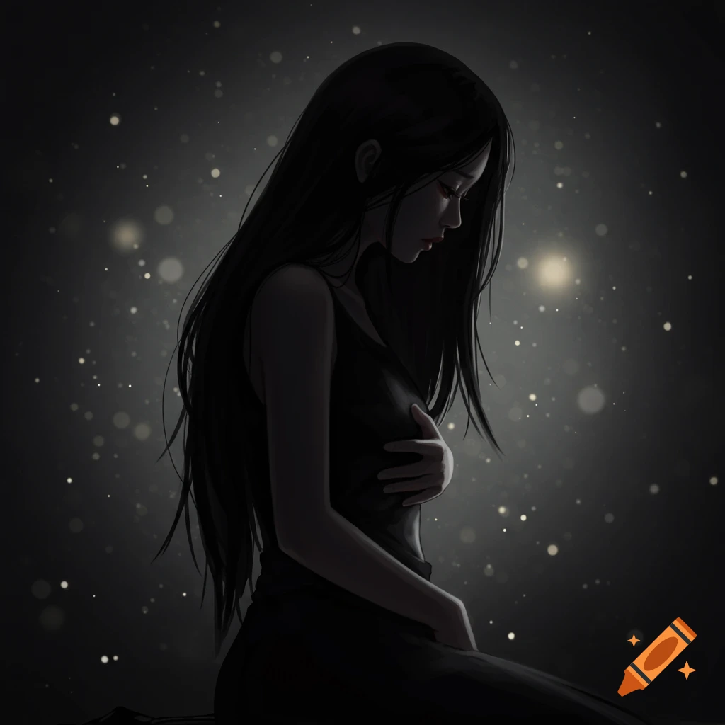 A woman with long black hair looks down, her hand on her chest, against a dark bokeh background.