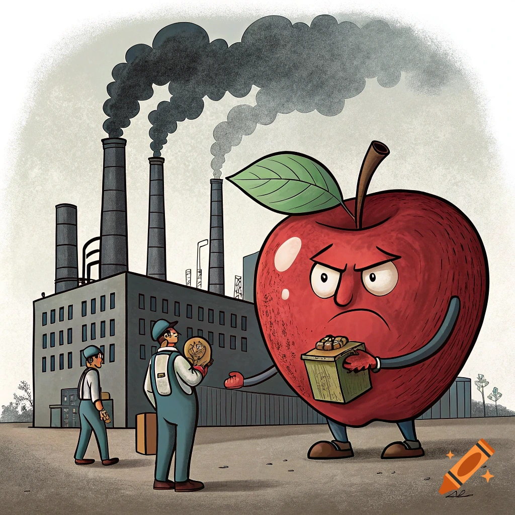 Cartoon illustration of an angry apple holding money facing workers in front of a smoking factory.